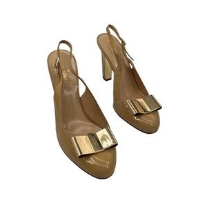 Kate Spade Nude Gold Patent Leather Cleo Bow Slingback Pumps Size 7 1/2 Women’s